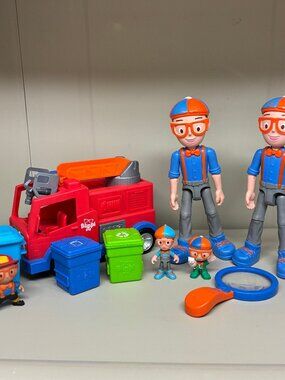 Blippi Toy Lot: Talking Fire Truck With Bins, Action Figures & Magnifying Glass